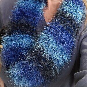 Blue Ombre scarf, handmade furry knit infinity scarf